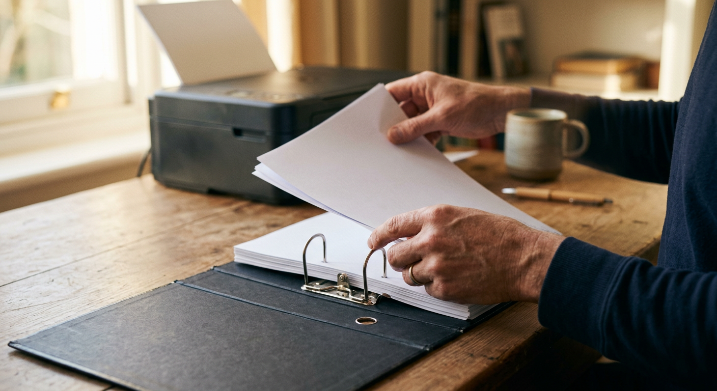 Des feuilles fraîchement imprimées rangées dans un classeur, près d'une imprimante de bureau
