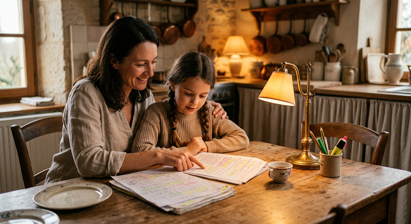 Une mère et sa fille révisent ensemble à table, des fiches surlignées devant elles